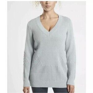 Athleta Teton V Neck Sweater Women Small BLUE Heavy Knit Cotton Pullover